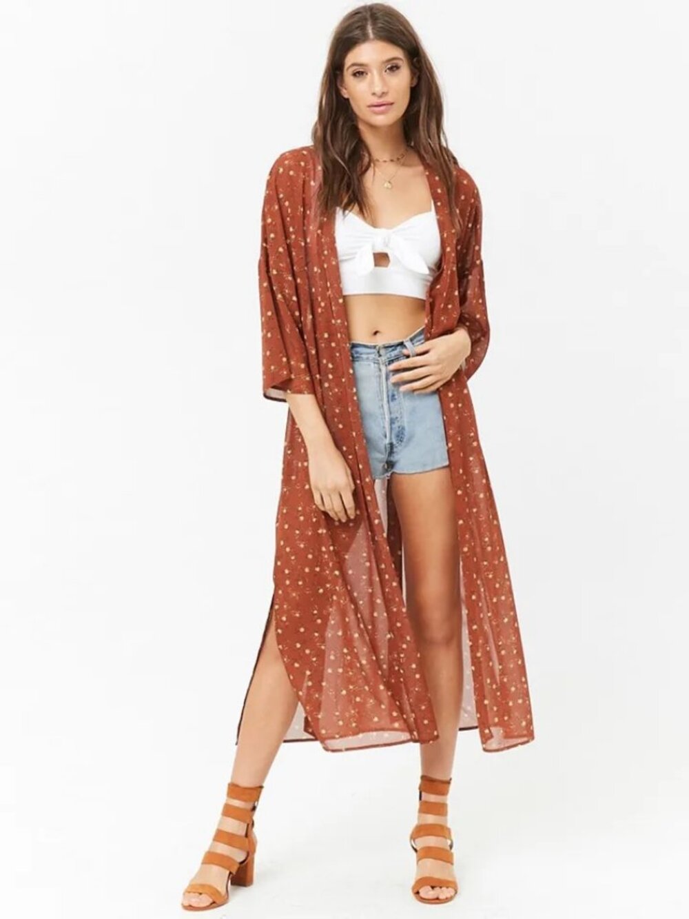 NWT FOREVER 21 Brown & Yellow Printed Tie-Up Longline Kimono Shrug, Size S